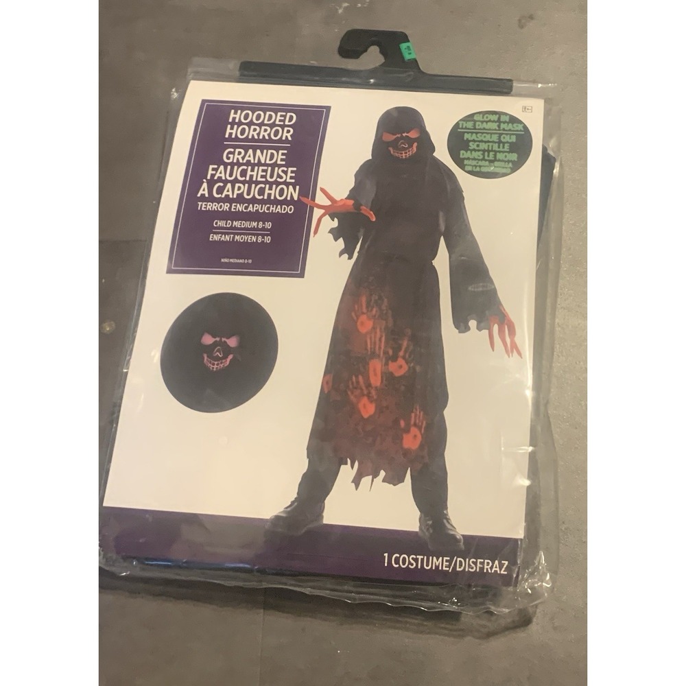 Scary Halloween Costume Hooded Horror Glow in the Dark Mask Child Medium 8-10 - Picture 1 of 3